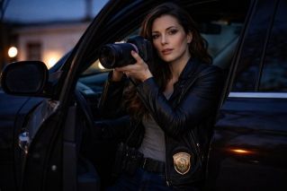 Detective examining a crime investigation board with photos, maps, and notes indoors.