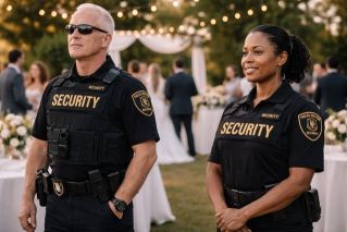 A security guard wearing a black shirt in a dimly lit nightclub.